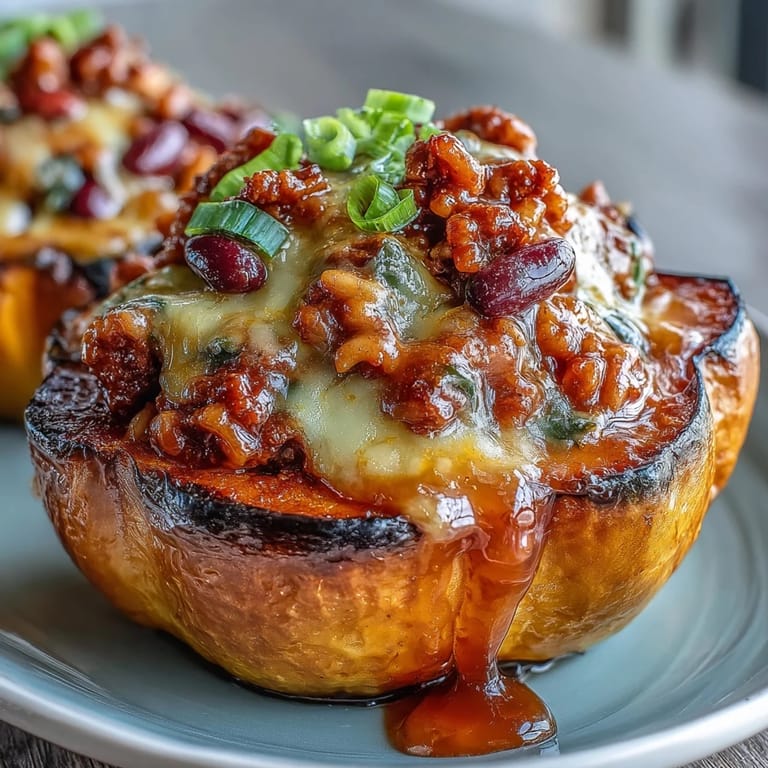 Freshly drizzled spicy hot honey glistens over the hearty Hot Honey Chili Mac filling in roasted squash.