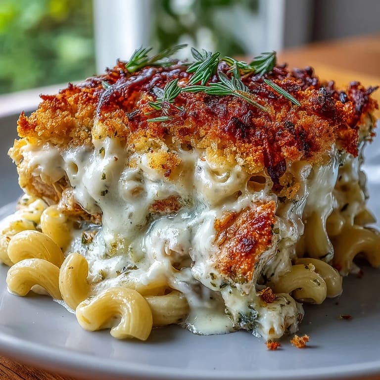 Creamy Baked Pesto Chicken Mac & Cheese served in a skillet with a side salad and wine.