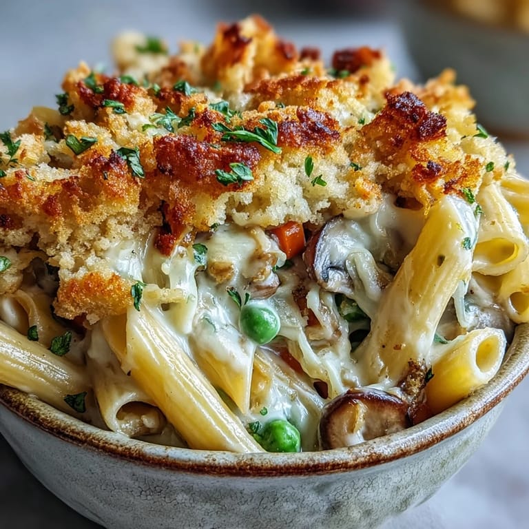 Freshly baked creamy veggie pot pie pasta in a Dutch oven, finished with chopped parsley and golden biscuit topping.