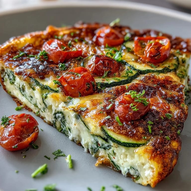 A golden-brown Light Zucchini and Tomato Frittata, garnished with basil, sliced on a wooden board with a side salad for a light meal.