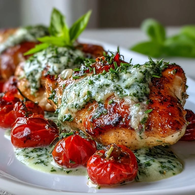 Juicy roasted cherry tomatoes sit atop tender chicken in a rich, cheesy pesto cream sauce, highlighting the vibrant colors and textures of this low-carb dish.
