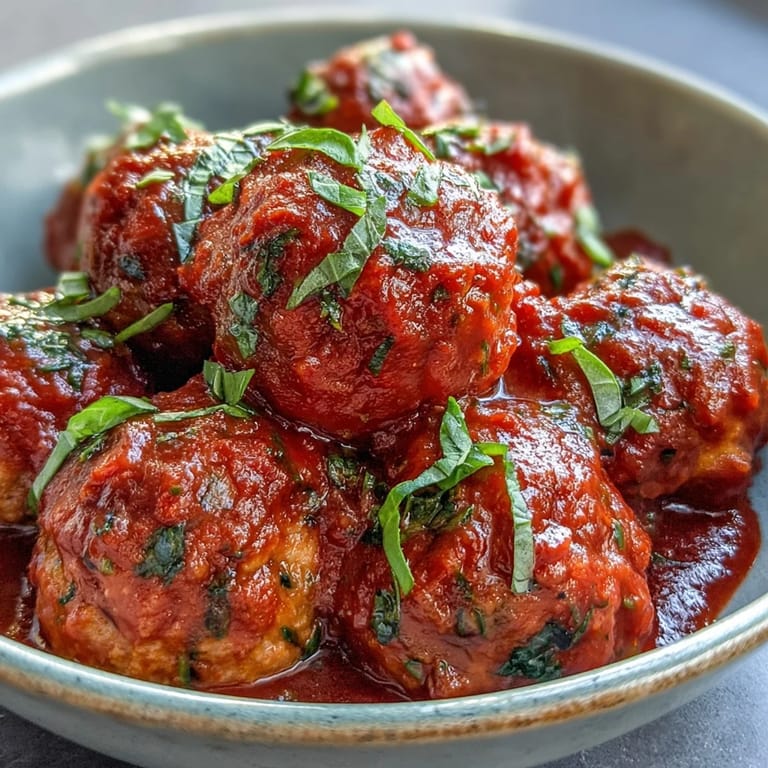Spoon lifting a Clean Eating Turkey and Veggie Meatball from bright tomato sauce beside roasted veggies.