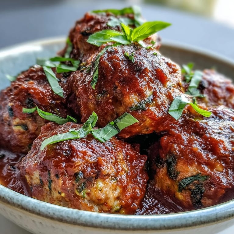 Platter of Clean Eating Turkey and Veggie Meatballs in rich marinara, served over zucchini noodles.