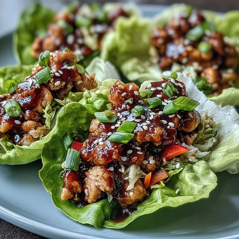 Tender lettuce wraps filled with aromatic ginger-garlic ground chicken, crisp red bell peppers, and toasted sesame seeds, served as a light low carb weeknight appetizer or main dish.