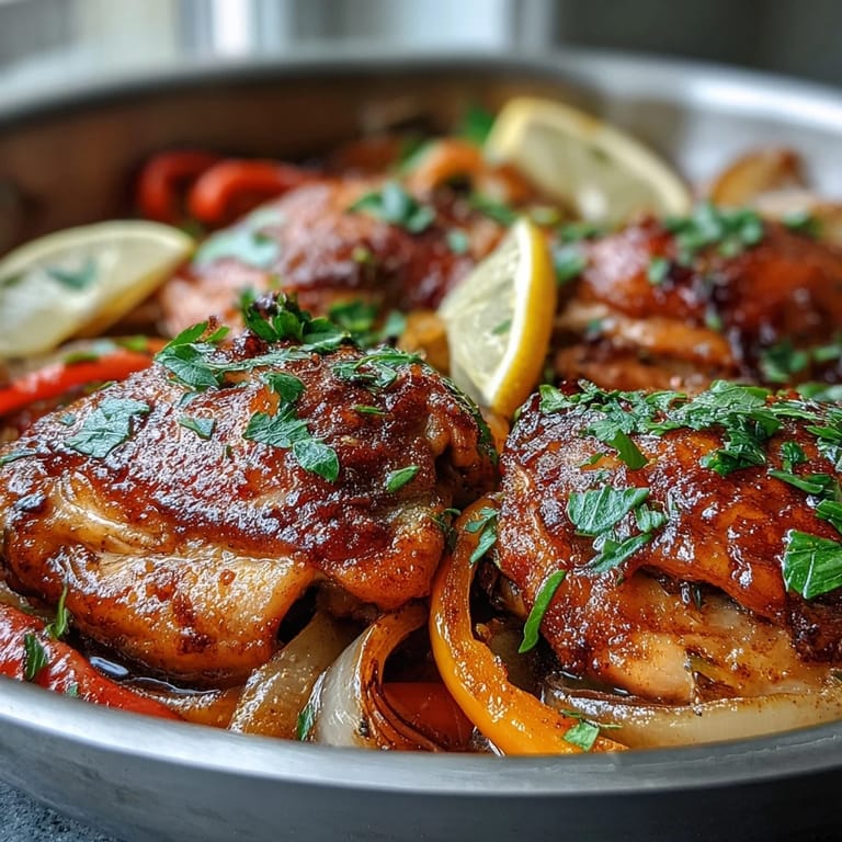 Golden, crispy-skinned One-Pan Paprika Chicken thighs nestled among sweet roasted peppers and onions, served hot from the oven.