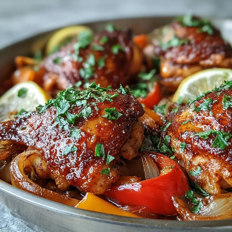 Colorful roasted red and yellow bell peppers with smoky paprika chicken thighs and onions on a rustic sheet pan.
