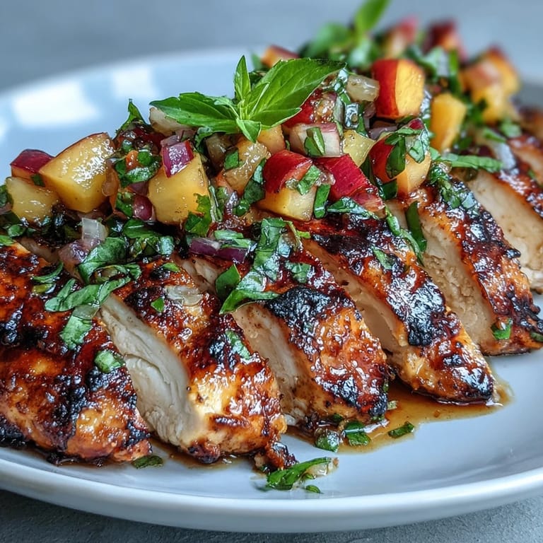 Tender grilled chicken breasts topped with sweet and savory diced peach basil salsa, ready to be enjoyed.