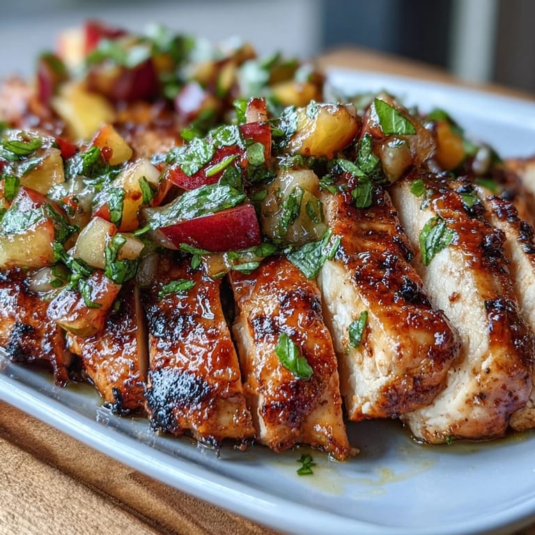 A close up of juicy sliced Grilled Chicken with Peach Basil Salsa, garnished with fresh basil for a healthy dinner.