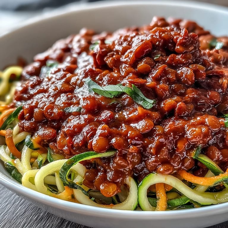 Colorful spiralized zucchini and carrots topped with savory lentil Bolognese, offering a light yet satisfying vegan twist on the classic Italian dish.