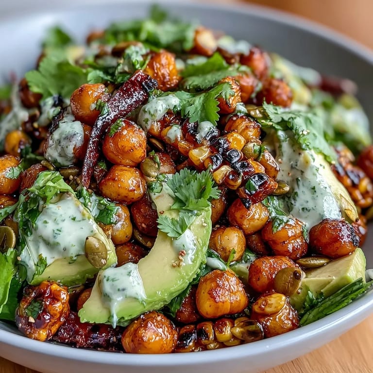 Vibrant vegan chili lime street corn salad with chickpeas, charred corn, and zesty lime dressing in a colorful bowl.