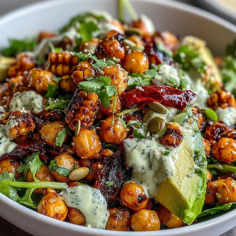 Creamy chili lime street corn salad featuring chickpeas, red bell pepper, and fresh cilantro for a bold, plant-based side dish.