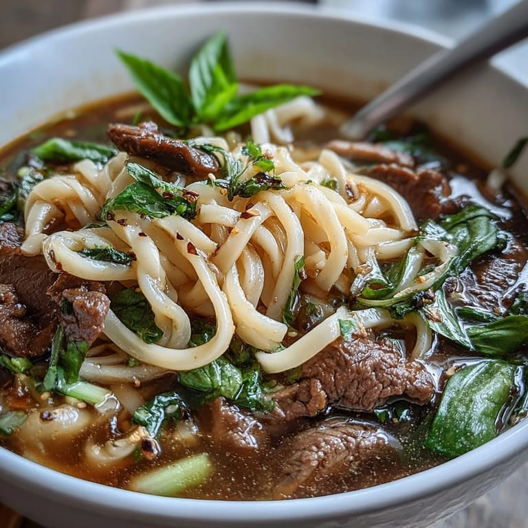 Colorful ingredients for an Asian hot pot noodle feast including rice noodles, beef, mushrooms, and herbs ready for interactive cooking.