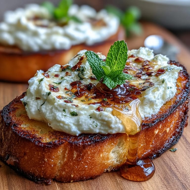 Crunchy crostini layered with velvety whipped feta, spicy red pepper flakes, and sweet hot honey, garnished with fresh mint for a vibrant appetizer.