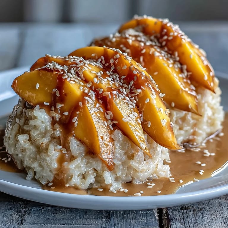 Classic Thai mango sticky rice featuring tender, sweet sticky rice topped with fresh mango and toasted sesame seeds.