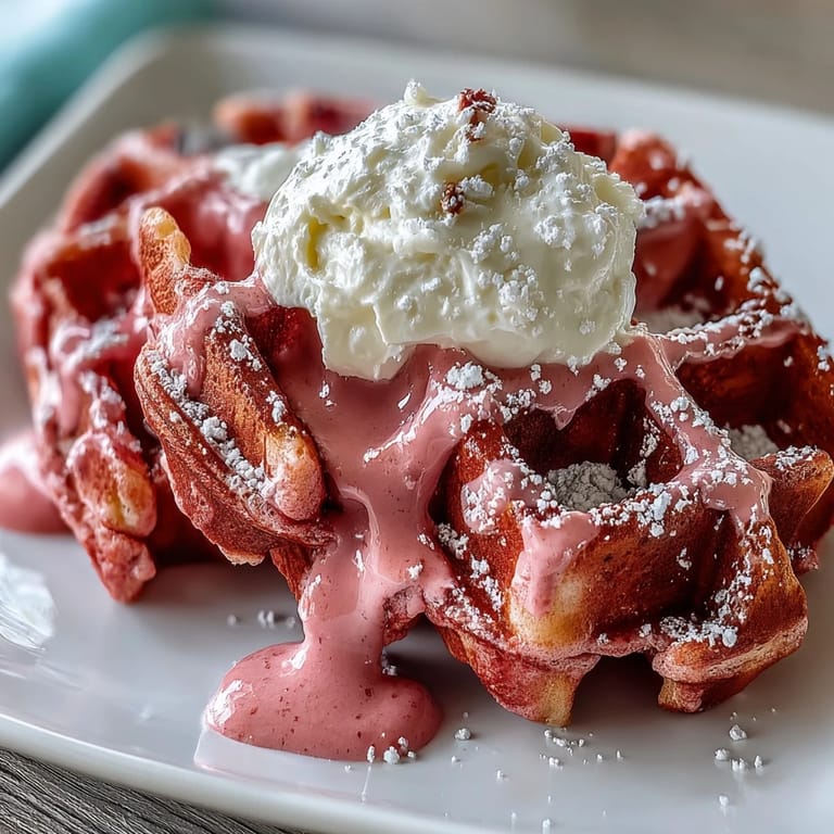 Vibrant pink waffles topped with luscious cream cheese drizzle, perfect for Galentines Day or special mornings.
