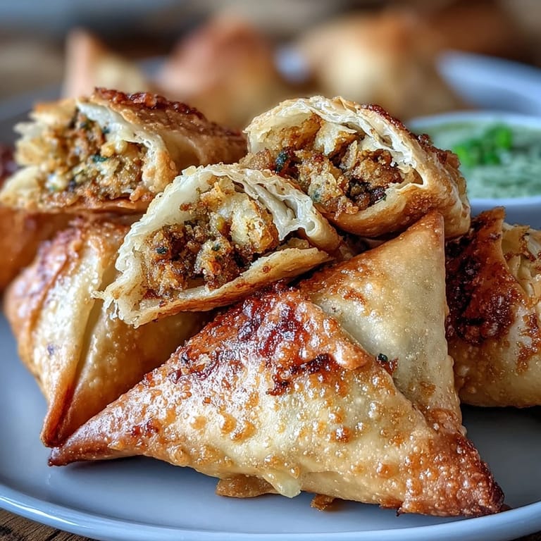 Crunchy, golden-brown samosas stuffed with a fragrant mix of vegetables, made lighter in the air fryer and paired with vibrant mint chutney.