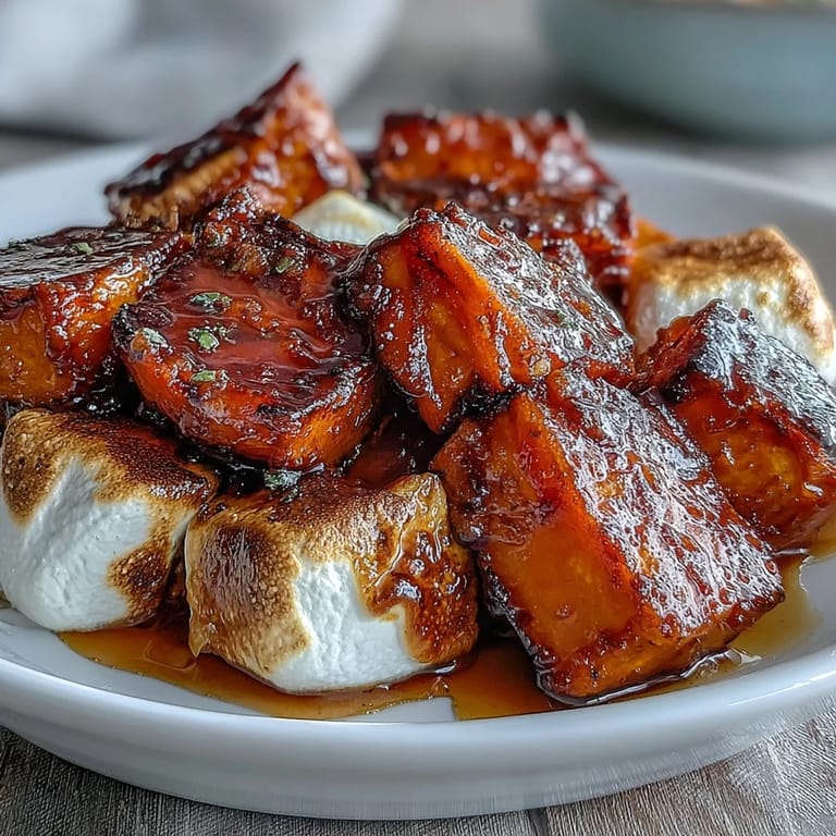 Classic Southern candied yams with marshmallow topping, featuring tender sweet potatoes and warm vanilla spice.