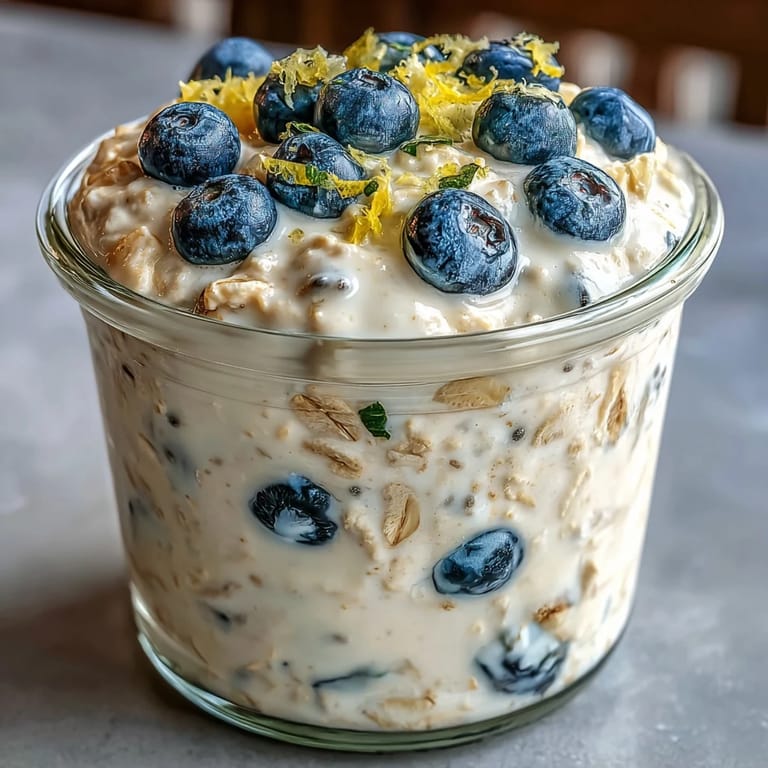 A make-ahead breakfast of overnight oats featuring juicy blueberries, lemon zest, and creamy Greek yogurt.