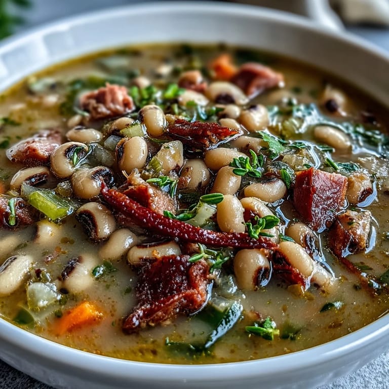 Creamy black-eyed peas and savory ham chunks simmer in a fragrant broth, creating a comforting Southern-style soup ideal for chilly evenings.