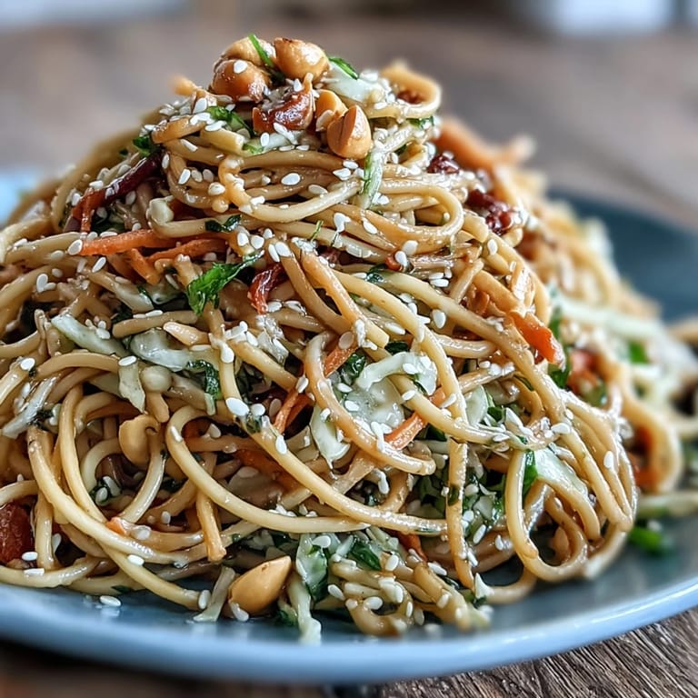 Close-up of colorful Asian Sesame Noodle Salad with Peanut Dressing, showcasing crisp red cabbage, carrots, bell pepper, and creamy peanut dressing coating tender noodles.  
