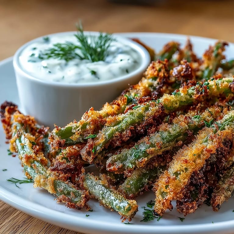 Air fryer green bean fries with light crunch and savory seasoning, alongside cool, tangy ranch yogurt sauce.