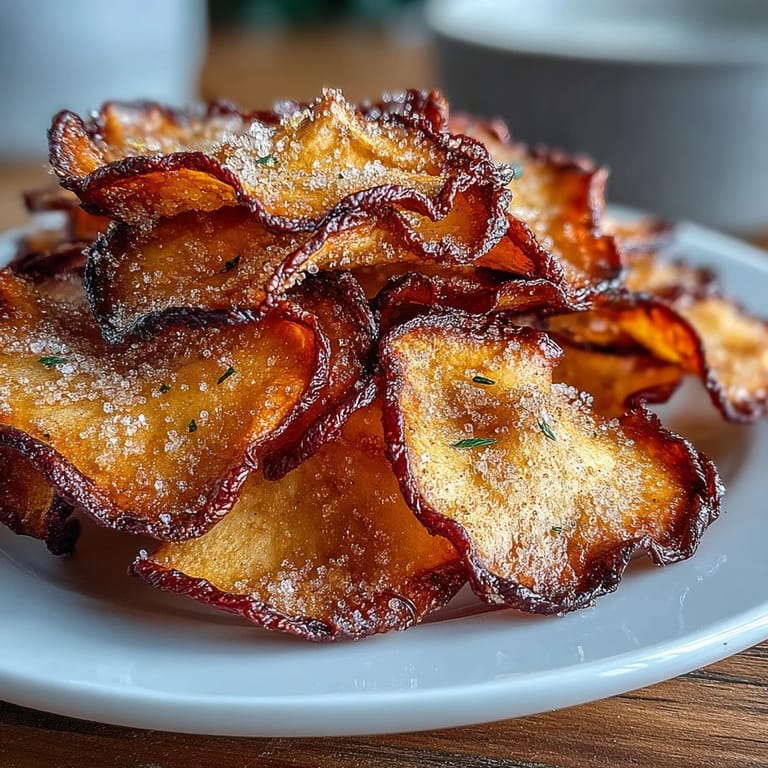 Air-fried apple chips lightly coated in cinnamon sugar, golden brown and irresistibly crunchy.