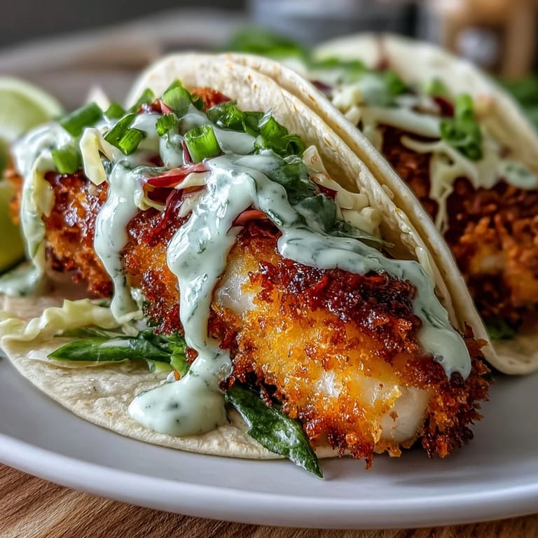 Light and flavorful air fryer fish tacos with crunchy panko coating, refreshing cabbage slaw, and a creamy, spicy drizzle.