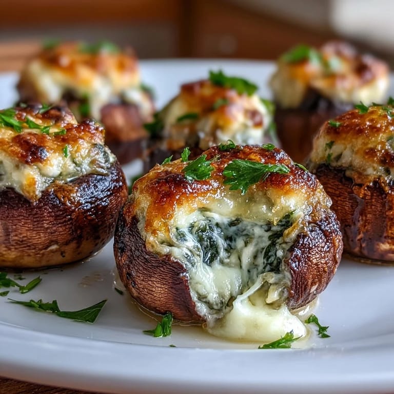 Air fryer stuffed mushrooms bursting with rich cream cheese filling and fresh spinach, ideal for parties or game day snacks.  