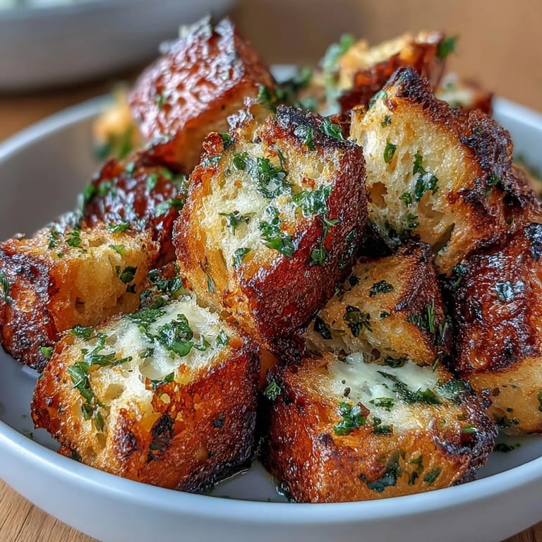 Air-fried sourdough cubes infused with aromatic garlic and Italian herbs, delivering a savory crunch to soups and salads.