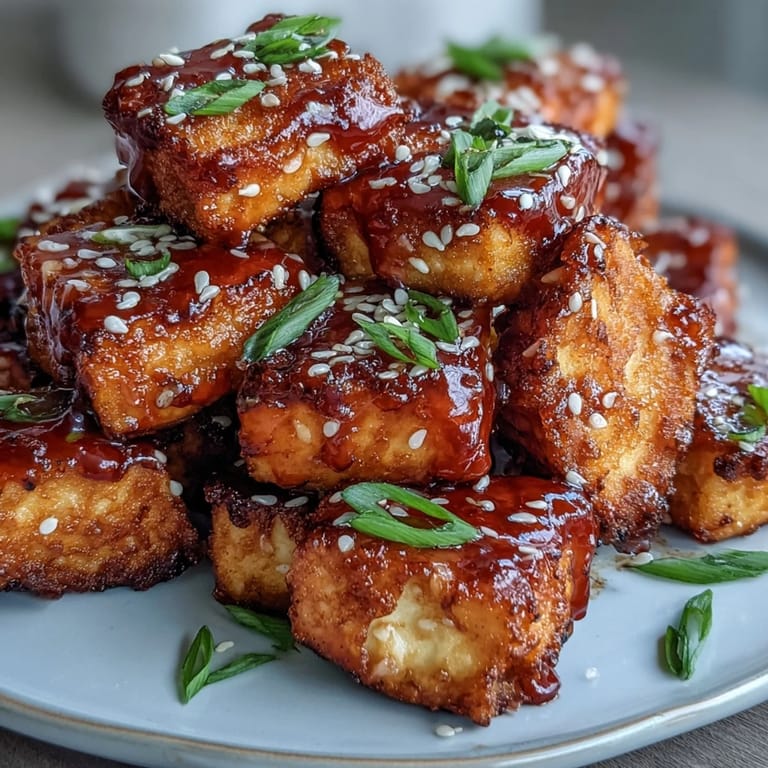 Air-fried tofu nuggets with a sticky sweet chili glaze, garnished with sesame seeds and green onions for extra crunch.  