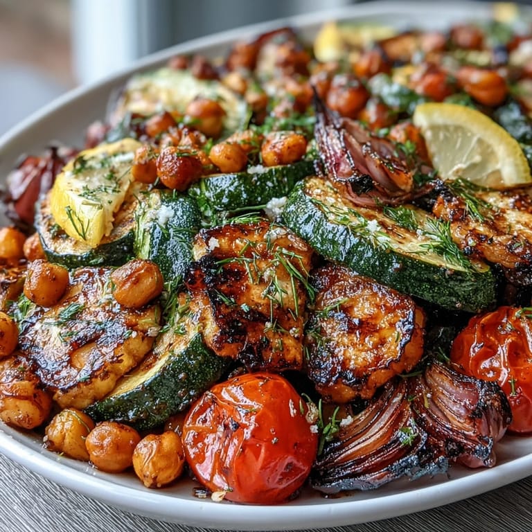 Vibrant oven-roasted vegetables and chickpeas, infused with fresh lemon zest and garlic, creating a fragrant and nourishing vegan meal.
