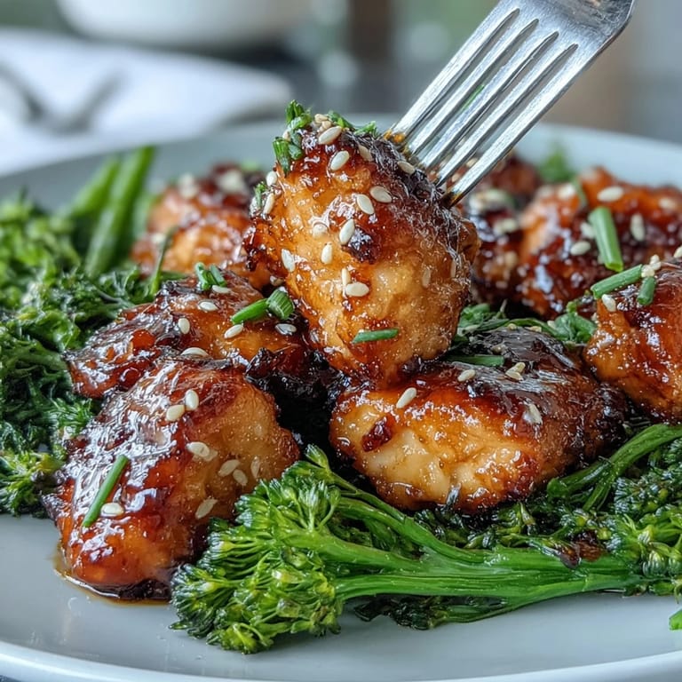 Crispy air fryer honey garlic chicken bites drizzled with glossy sauce, served alongside vibrant tender broccoli for dinner.