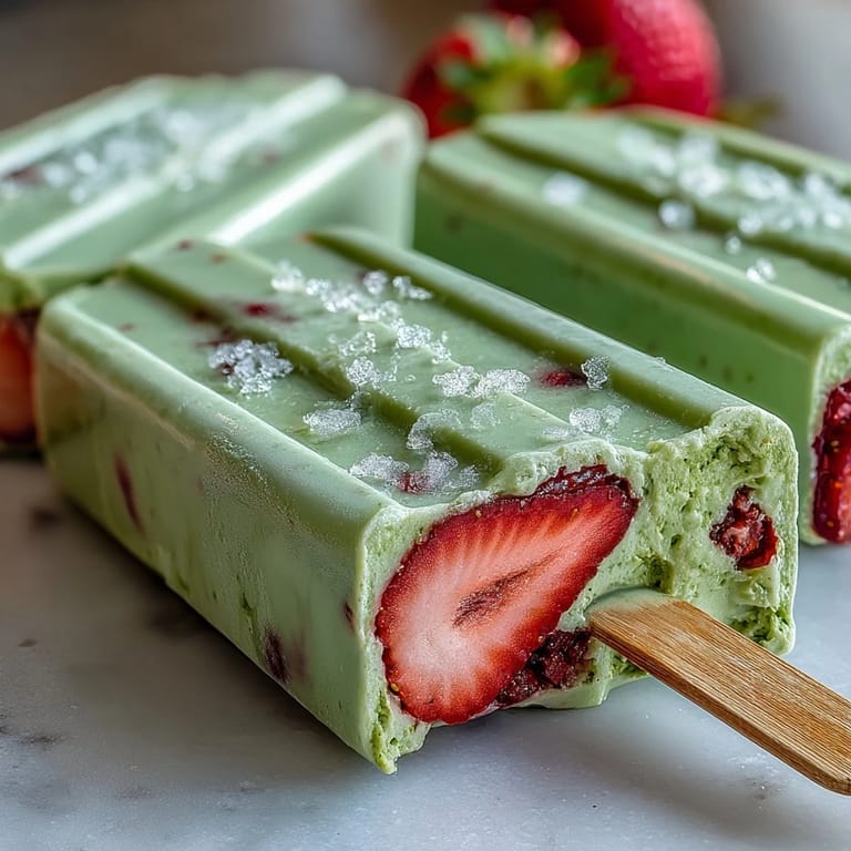 Silky strawberry and matcha latte popsicles, swirled together in creamy harmony, offering a refreshing burst of spring flavor.