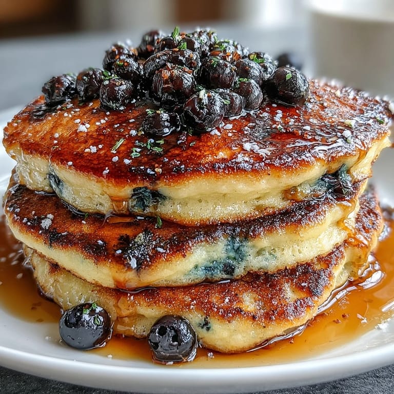 Fluffy lemon blueberry pancakes drizzled with maple syrup, garnished with extra berries and a sprinkle of lemon zest.  