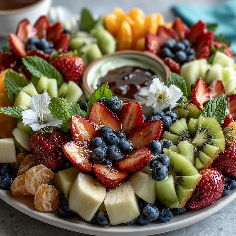Fresh seasonal fruits artfully arranged in a petal design, centered with a bowl of smooth honey-yogurt dip, perfect for spring celebrations.