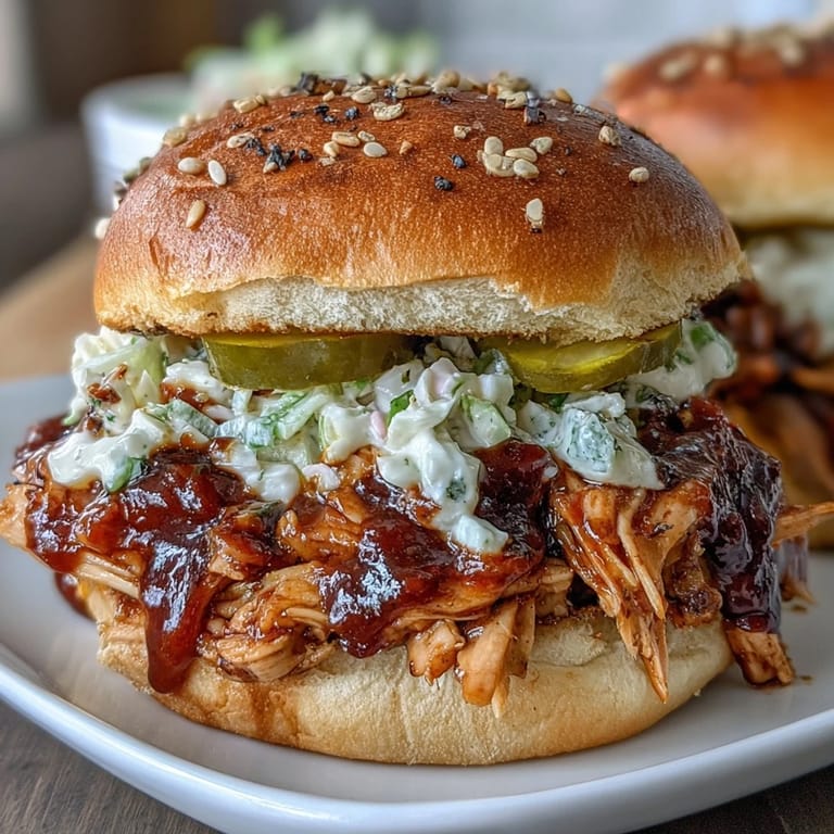 Savory BBQ pulled chicken sliders served warm with crunchy coleslaw, ideal for party platters and celebrations.