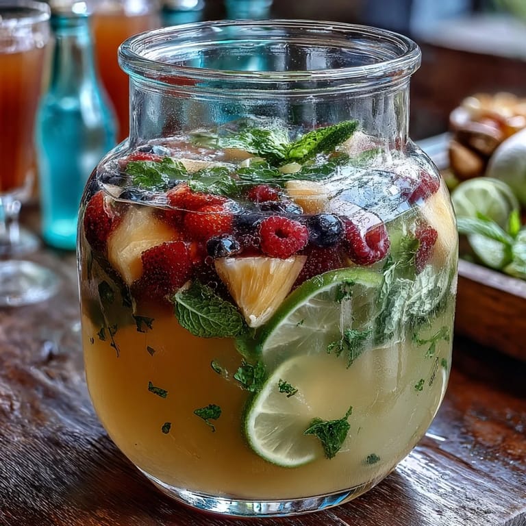 A cheerful summer party lemonade bar brimming with fresh fruit, mint, and icy lemonade, inviting guests to mix their own flavorful beverages.