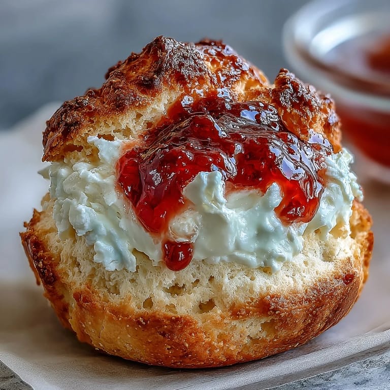 Buttery, tender thumbprint cookies filled with rich clotted cream and sweet strawberry jam, offering a delightful balance of textures and flavors.