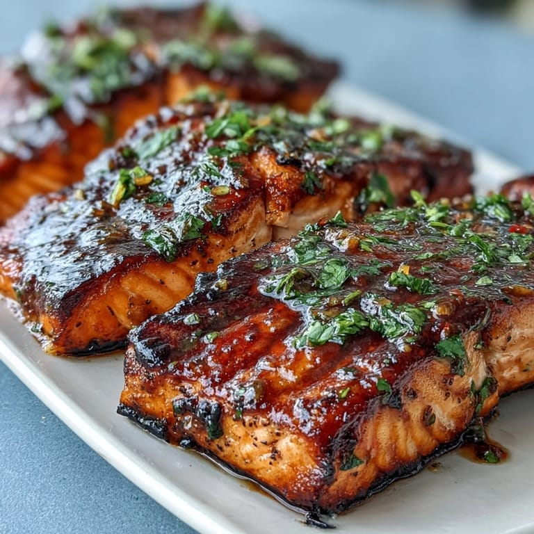 Juicy grilled salmon fillets topped with bright strawberry salsa, offering a sweet and tangy flavor contrast for a light dinner.