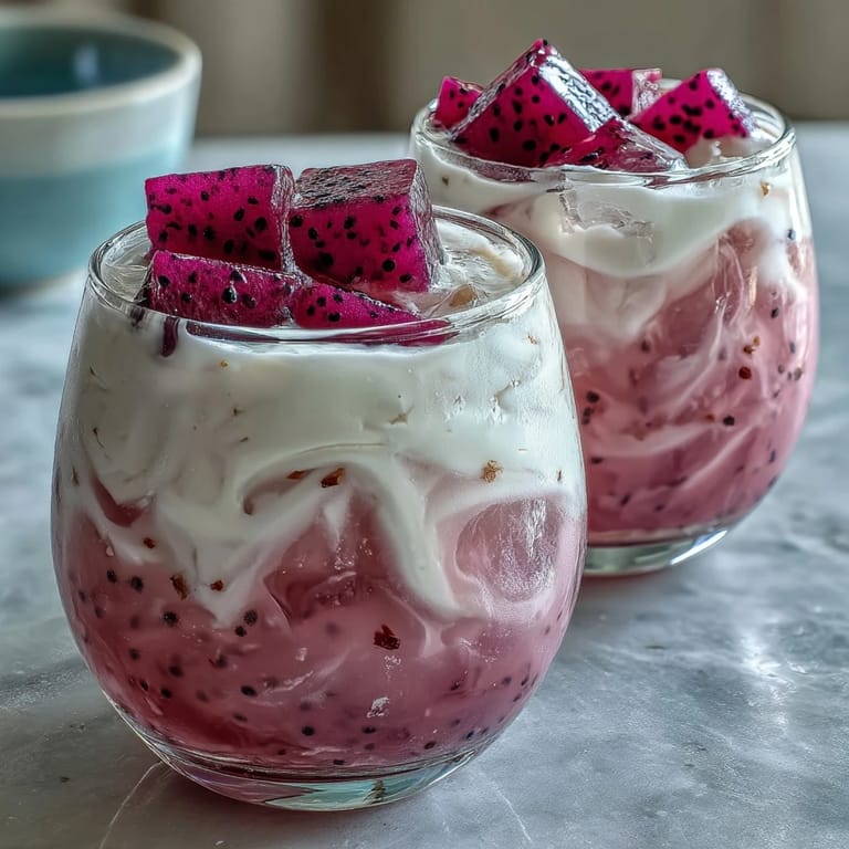 Vibrant pink dragon fruit refresher with creamy coconut milk, served chilled in a tall glass.