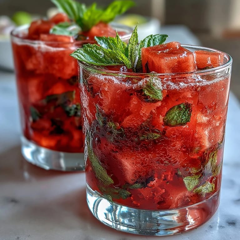 Chilled watermelon mint mocktail spritzer with bright mint leaves and juicy fruit cubes.