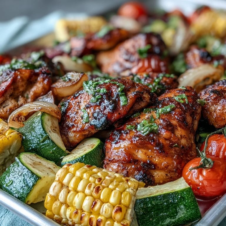 Easy Sheet Pan Chicken with Zucchini and Corn, a healthy, gluten-free dinner with smoky roasted flavors and juicy chicken.