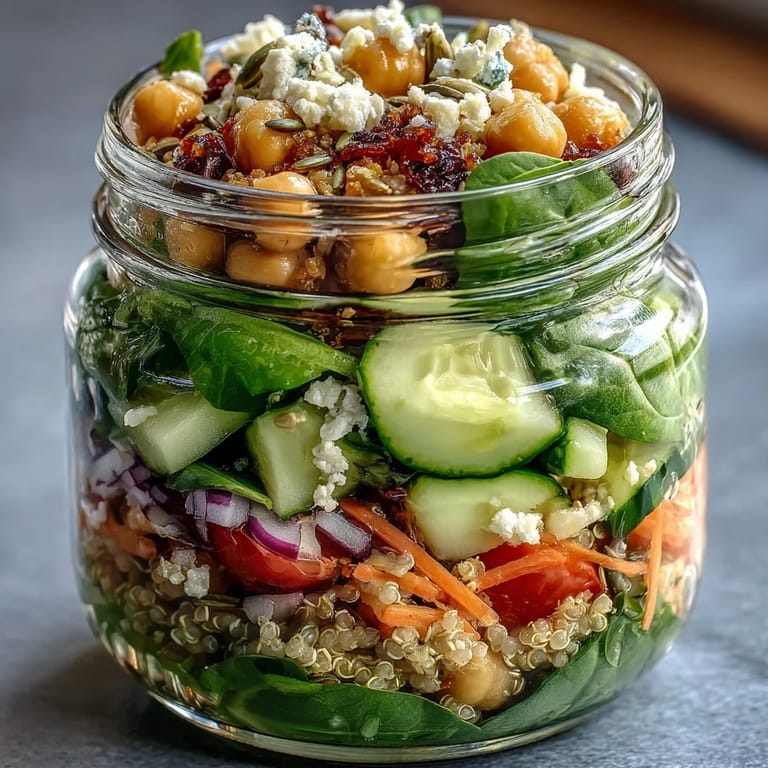 Crisp, easy-to-assemble mason jar salads with mixed greens, cucumbers, and homemade balsamic dressing.