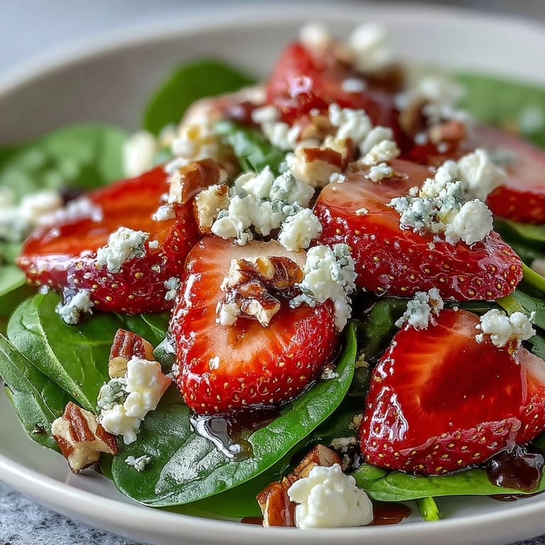 Sweet strawberries and baby spinach tossed with crunchy nuts, topped with tangy balsamic vinaigrette for a refreshing spring salad.  