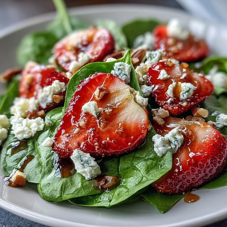 Vibrant strawberry spinach salad featuring juicy berries, tender greens, creamy cheese, and toasted pecans, finished with balsamic glaze.