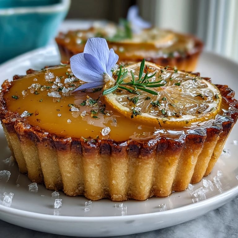 Silky homemade lemon curd in crisp tart shell, garnished with fresh edible blooms.  