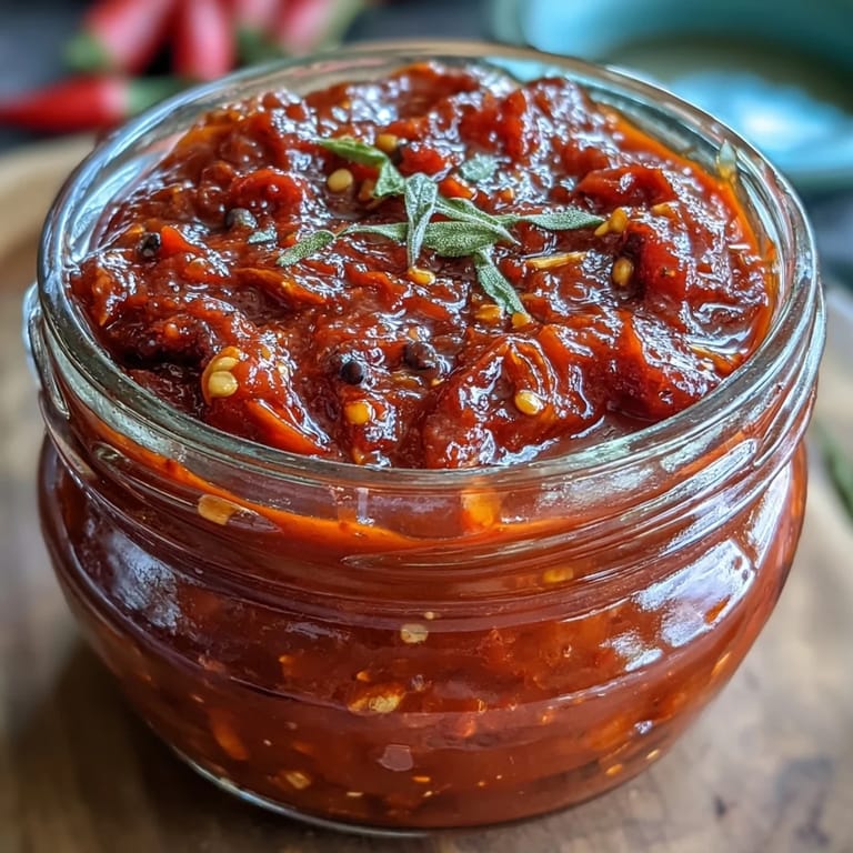 Vibrant homemade hot sauce with bright red peppers, garlic, and shallot, ready to spice up tacos and eggs.  