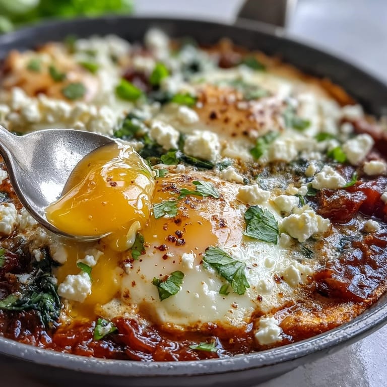 Vibrant spinach and feta shakshuka, a savory breakfast dish with runny egg yolks and crumbled cheese.  