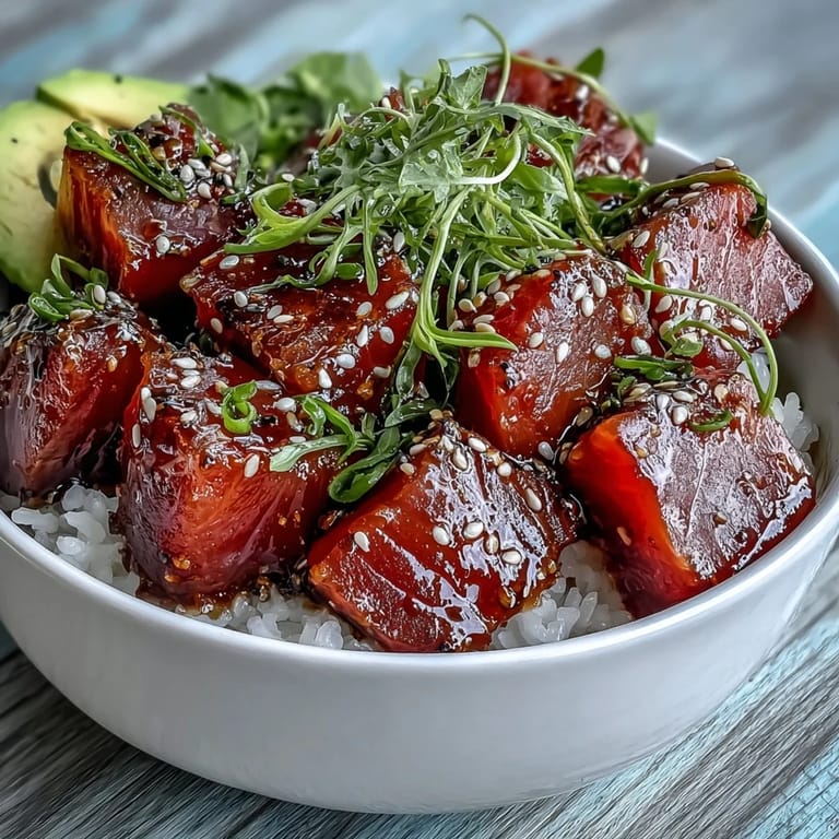 Colorful tuna poke bowl with fresh cucumber, radish, avocado, and zesty ponzu dressing.