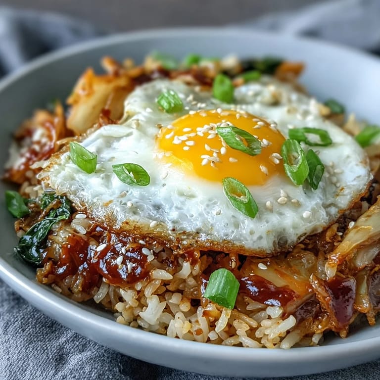 Fragrant fried rice packed with napa cabbage, kimchi, and gochujang, topped with a perfectly runny fried egg.  